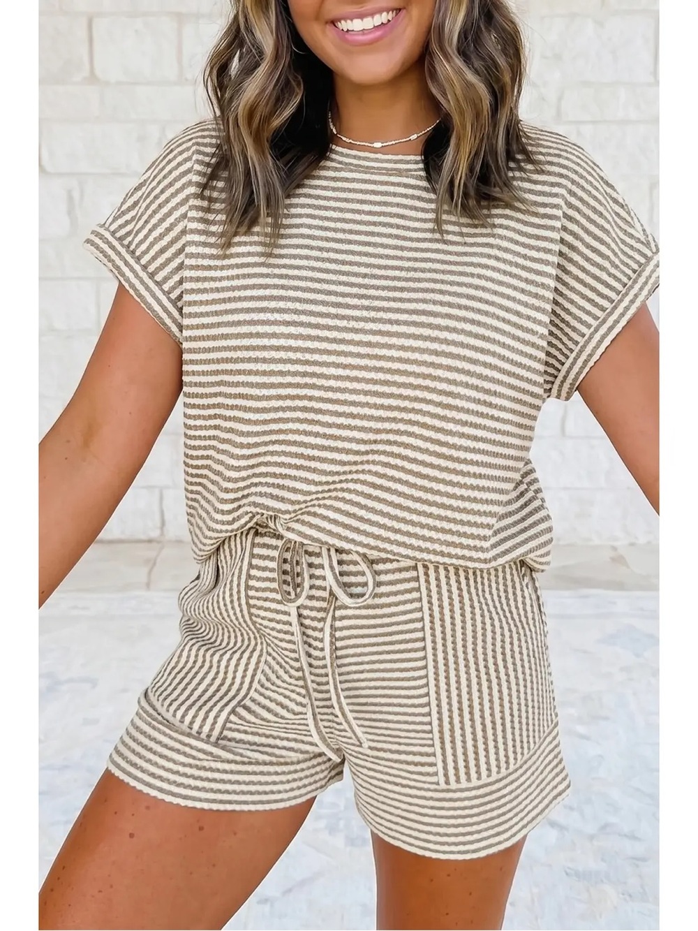Striped Knit Short Set - Cream and Tan Lounge Set